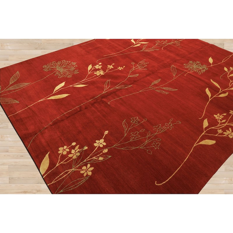 8x10 Hand Knotted Wool & Silk Red Transitional Floral Tibetan Rug - 8' x 10'