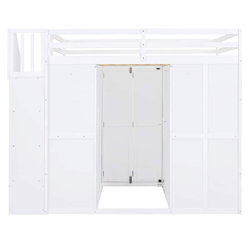 White Full Bunk Bed with Wardrobe, Desk & Shelves