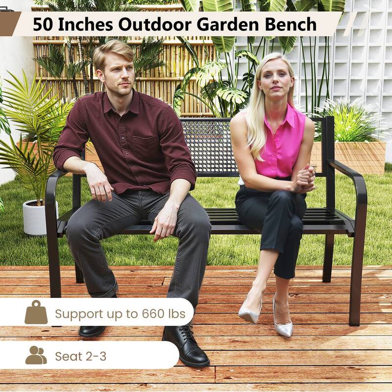 Black Metal Garden Bench with Patterned Backrest and Curved Armrests - 50" L × 23" W × 32" H