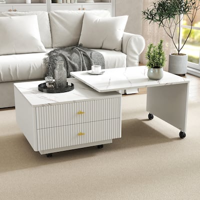 Extendable Coffee Table with Storage, Reversible Living Room Table with 2 Drawers and with 6 Wheels, White