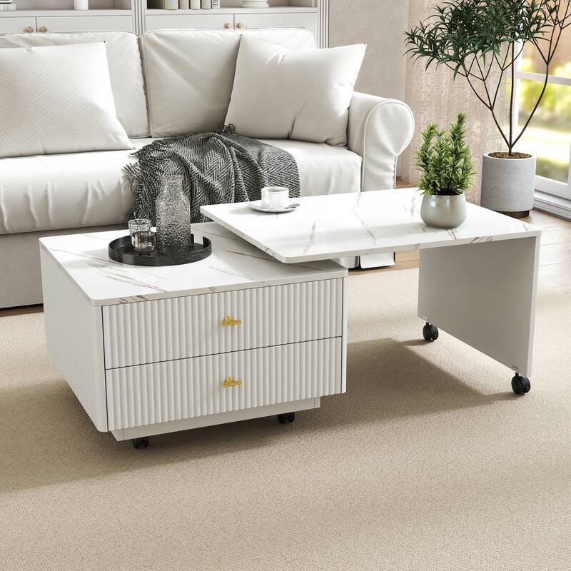 Extendable Coffee Table with Storage, Reversible Living Room Table with 2 Drawers and with 6 Wheels