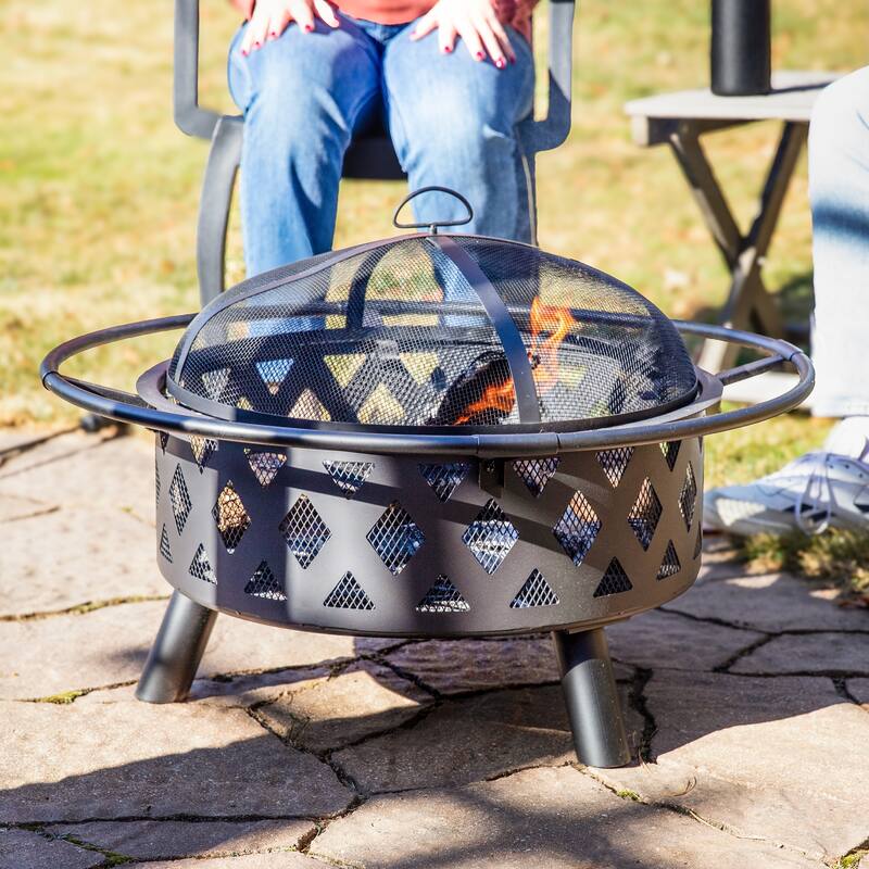 Black Crossweave Wood Fire Pit with Cover, Spark Screen, Grate, and Poker - 30"
