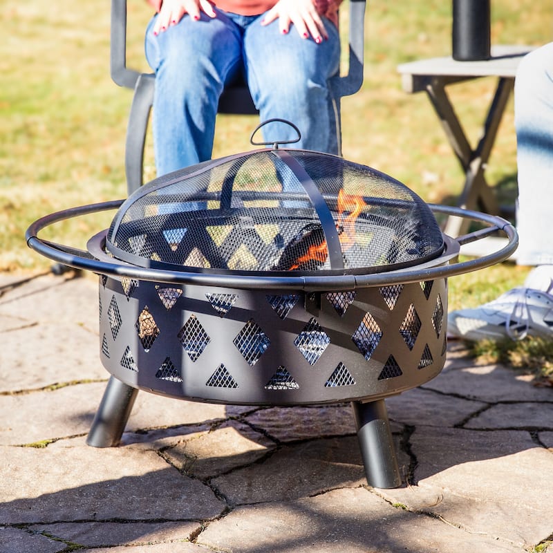 Sunnydaze Crossweave Wood-Burning Fire Pit with Spark Screen and Poker