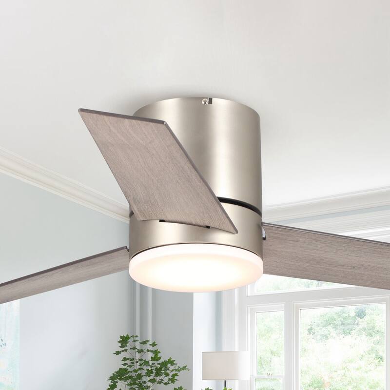 48 inch Modern 3-Blade Wooden Flush Mount Ceiling Fans with Light and Remote - Satin Nickel