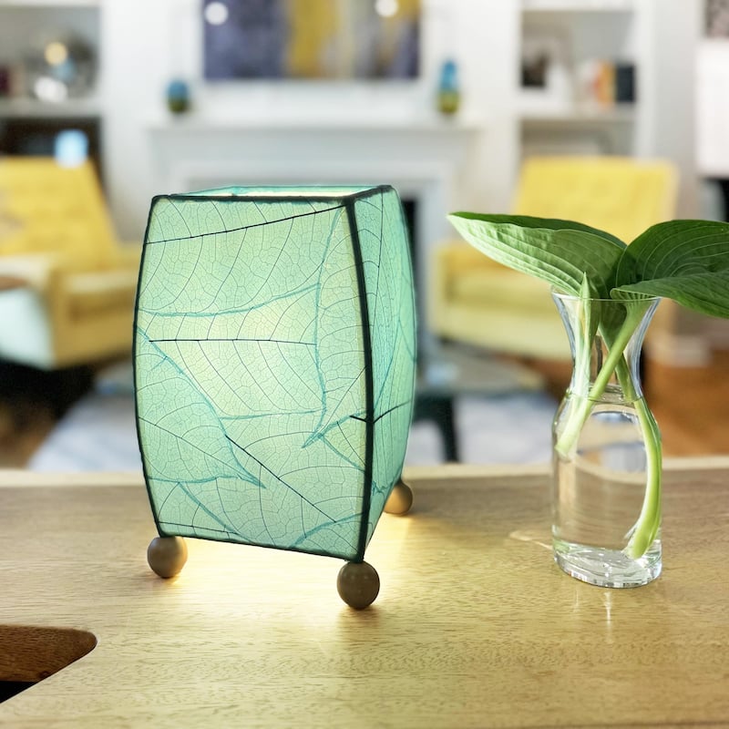 Handmade Mini Square Cocoa Leaf Table Lamp, Cocoa Leaves Shade, 6 x 6 x 9 in.