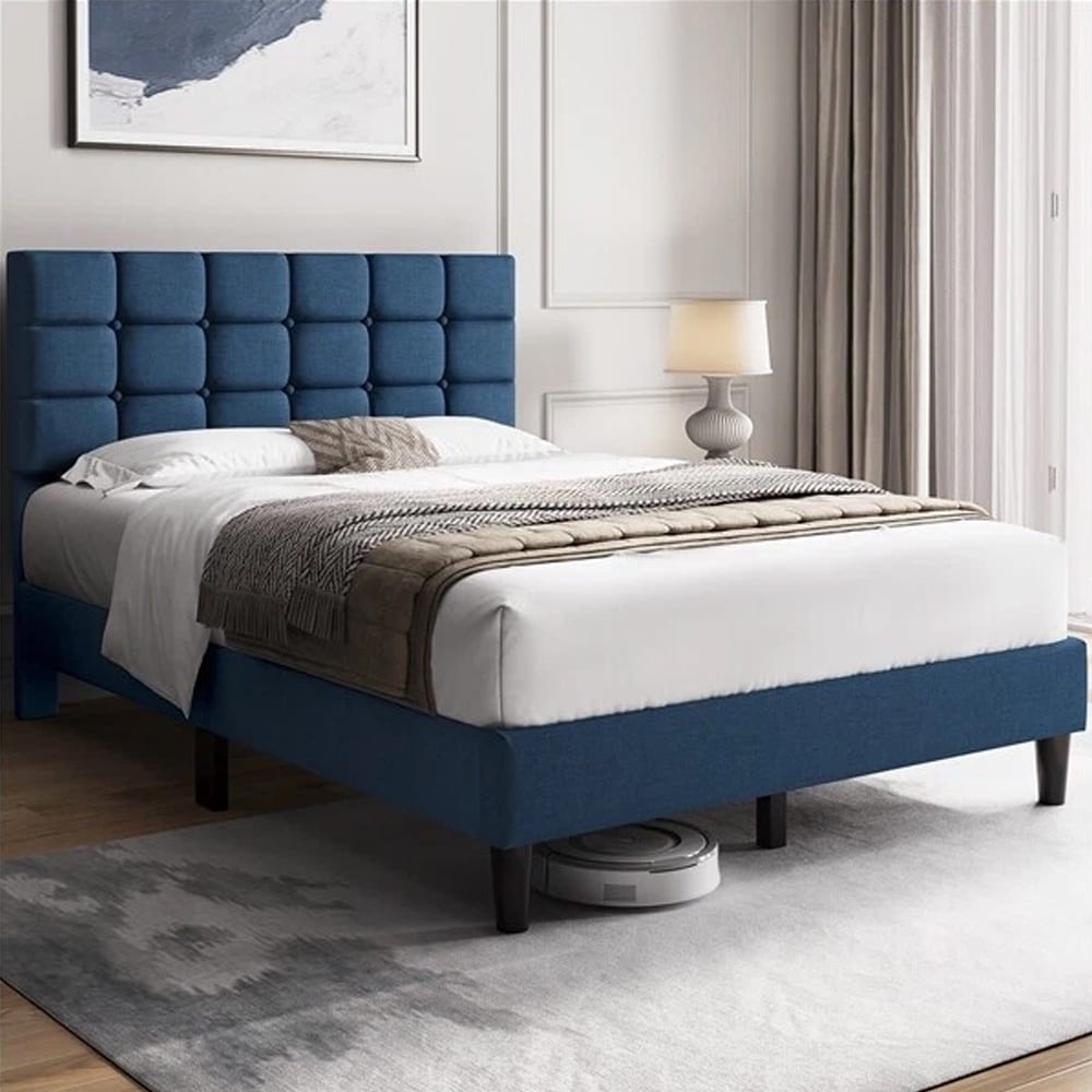 Full Upholstered Bed Frame Modern Platform Tufted Headboard Navy Blue