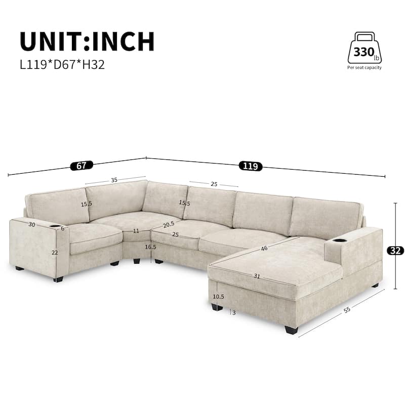 Roomfitters 119" U Shaped Sectional Sofa, 6 Seat Chenille Corner Couch with Deep Wide Seat and Chaise Lounge