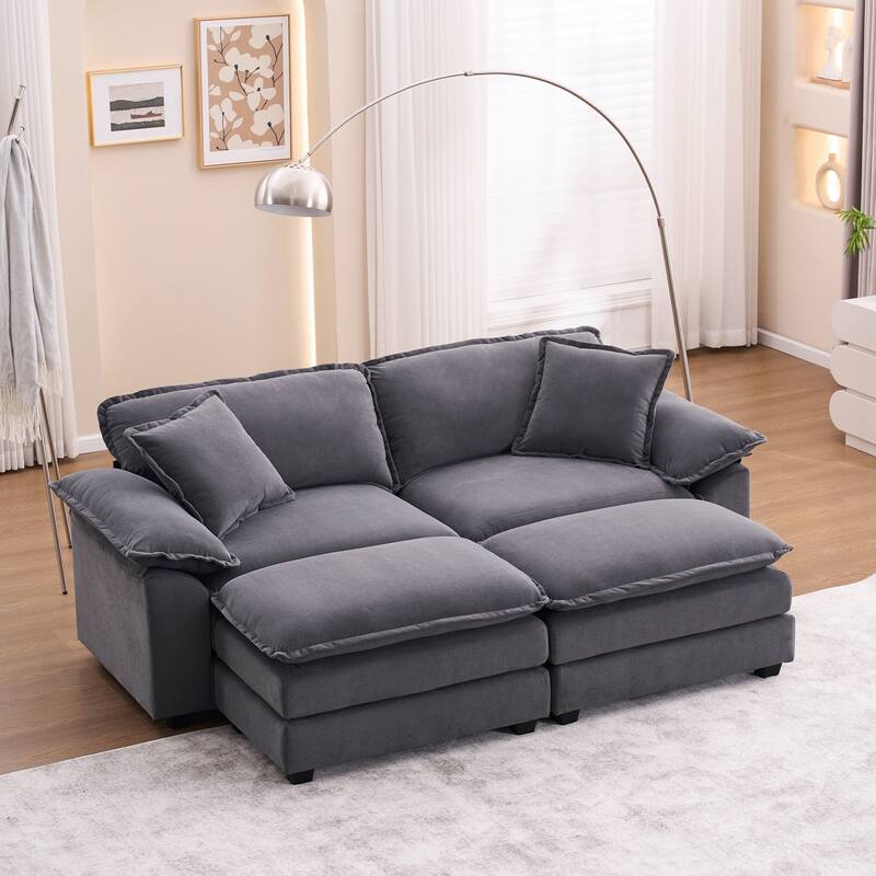 2-seater sofa with 2 cushions, 2 pillows and 2 ottomans, comfortable sofa - Living room deep sofa, modular sofa - dark grey
