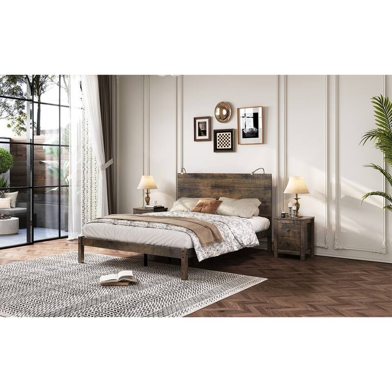 Queen Rustic Wood Platform Bed with Built-In Bedside Lights