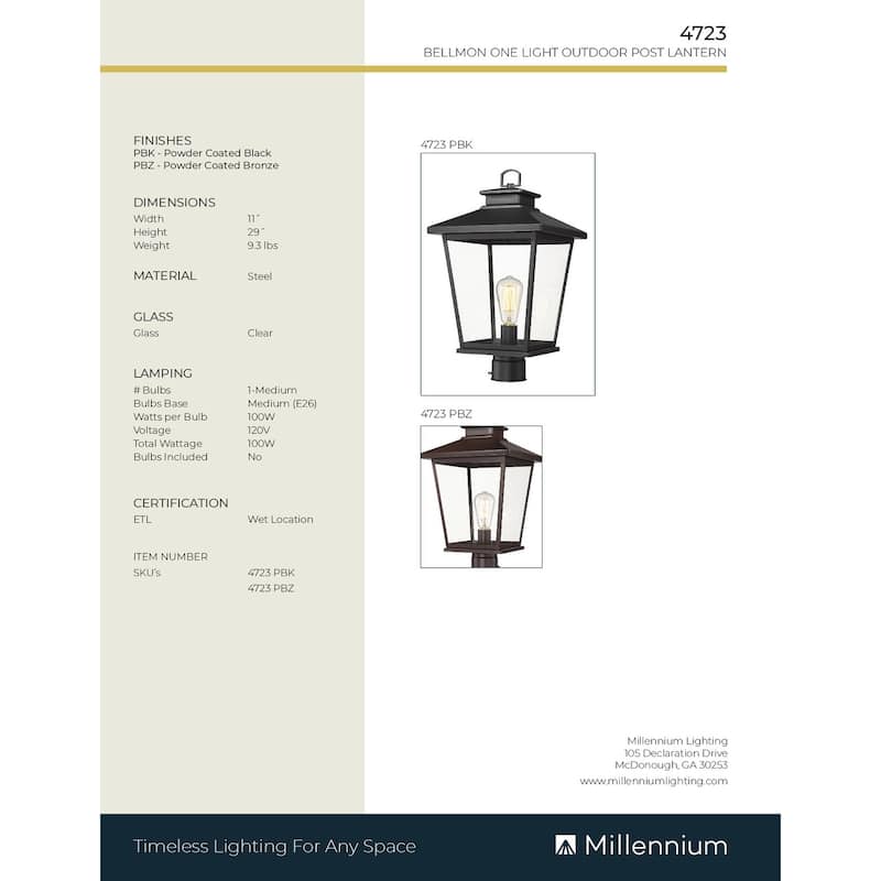 Millennium Lighting Bellmon 1 Light Outdoor Post Lantern with a Clear Glass Shade - 19 Inch - Powder Coat Black