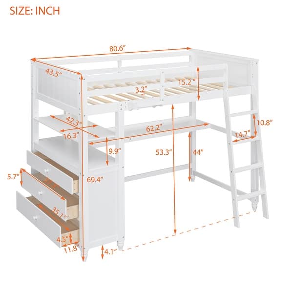 Twin size Solid Wooden Loft Bed with Drawers and Desk,Shelves