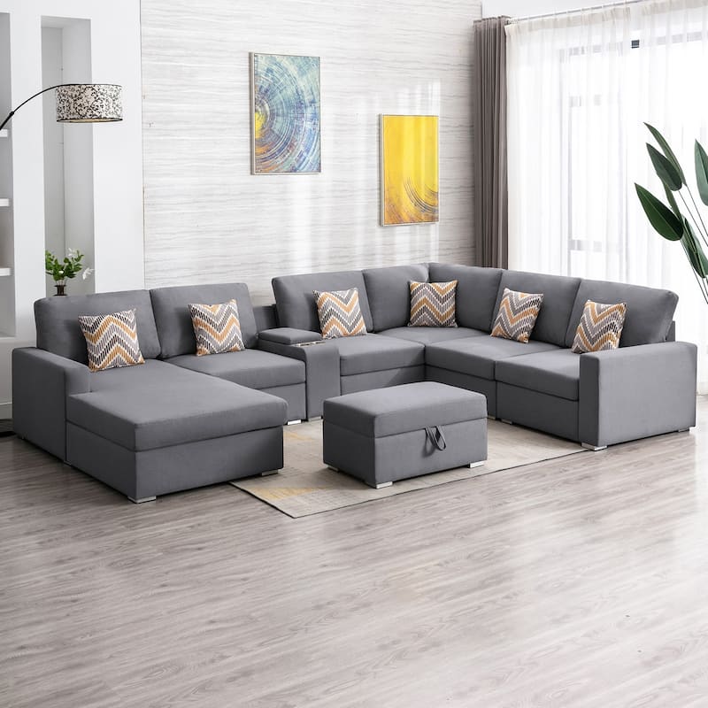 Linen Fabric 8 Piece Reversible Chaise Sectional Sofa with Storage Ottoman, and Storage Console Table