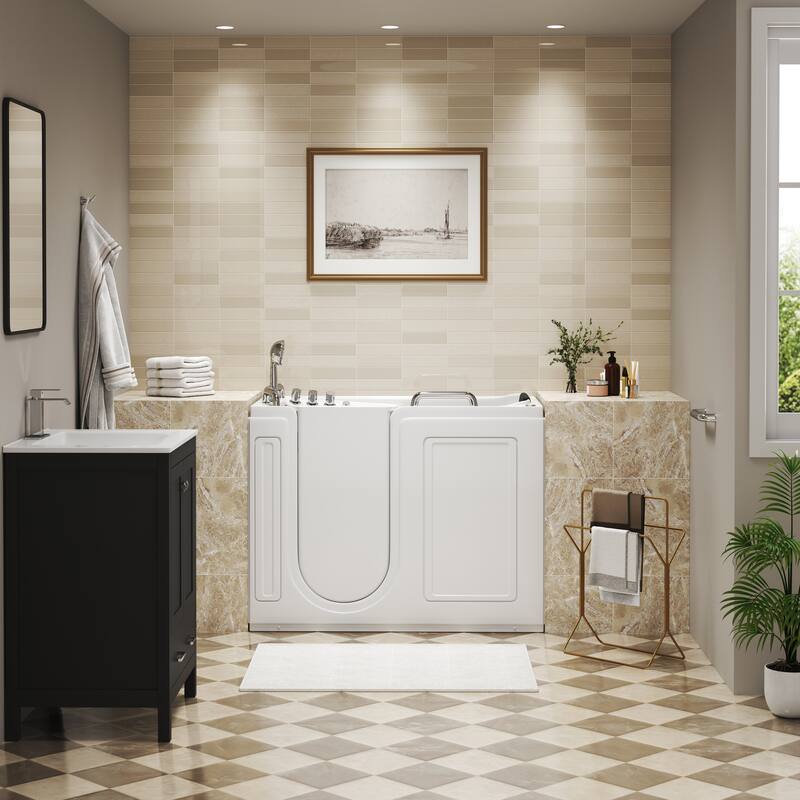53 in. Walk-In Whirlpool & Air Acrylic Bathtub with Hydrotherapy Jets, Chromatherapy LED Light, and Aromatherapy, Built-In Seat