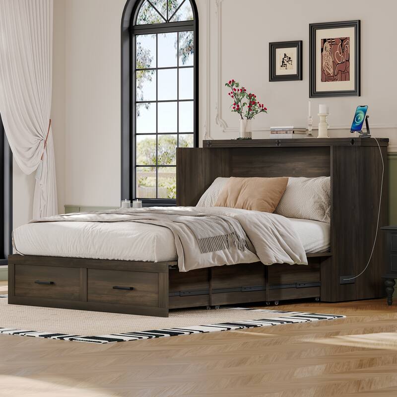 Full/Queen Size Pull Out Murphy Bed Frame, Wood Foldable Platform Cabinet Bed with Charging Station and Large Storage Drawers