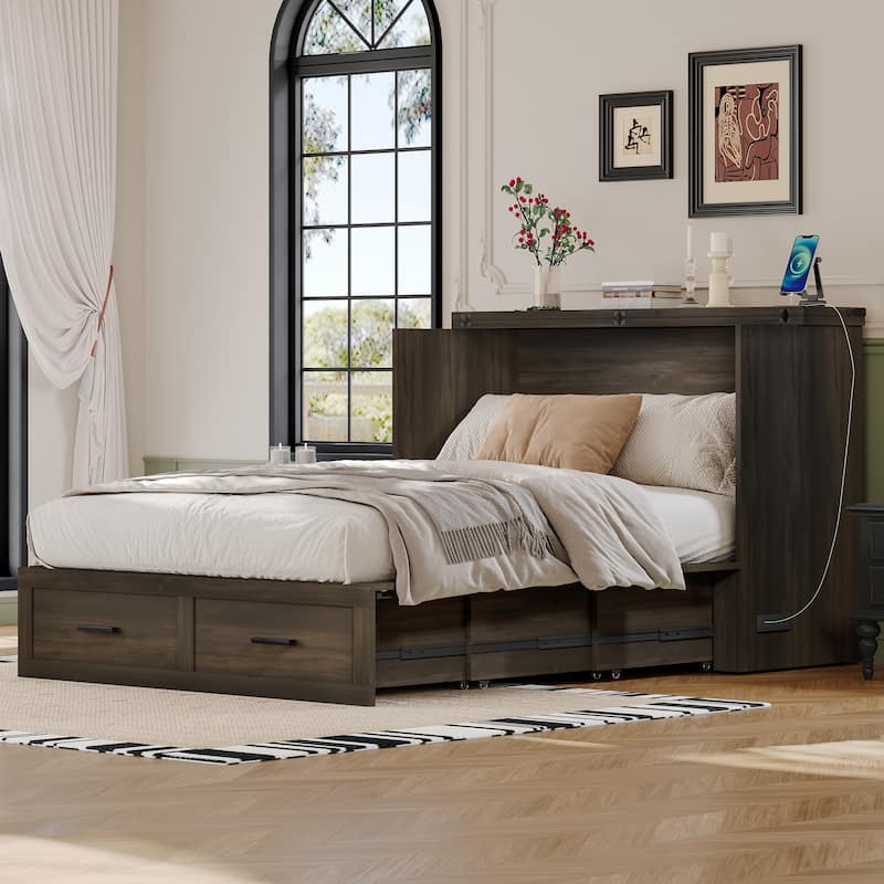 Wooden Foldable Murphy Cabinet Bed Platform Bed Bottom Large Storage Drawer Side with Outlets and USB Ports - Gray - Full