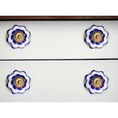 HomeRoots Set of Eight Blue And White Ceramic And Metal Drawer Pull Knobs - 1.5' X '1.5' X '1.5