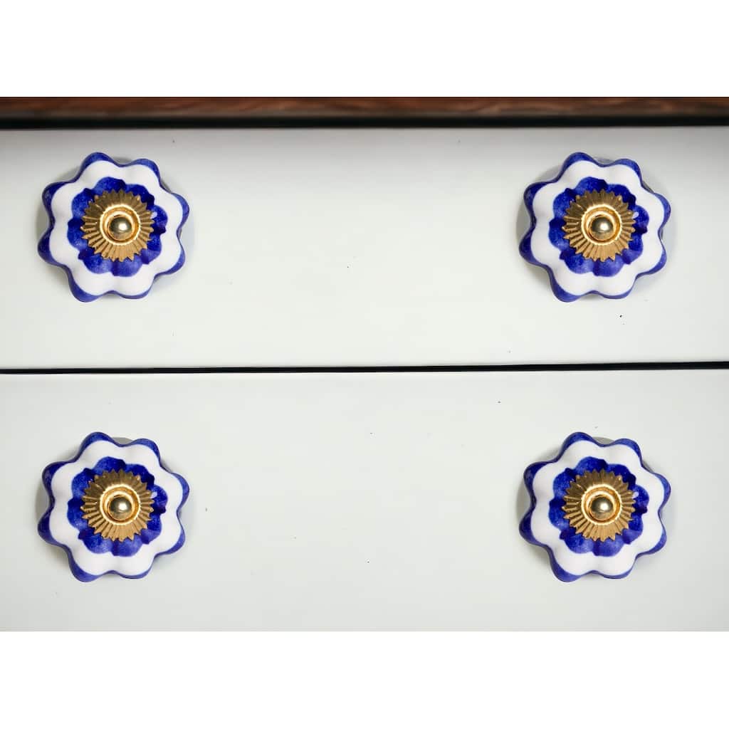 HomeRoots Set of Eight Blue And White Ceramic And Metal Drawer Pull Knobs - 1.5' X '1.5' X '1.5
