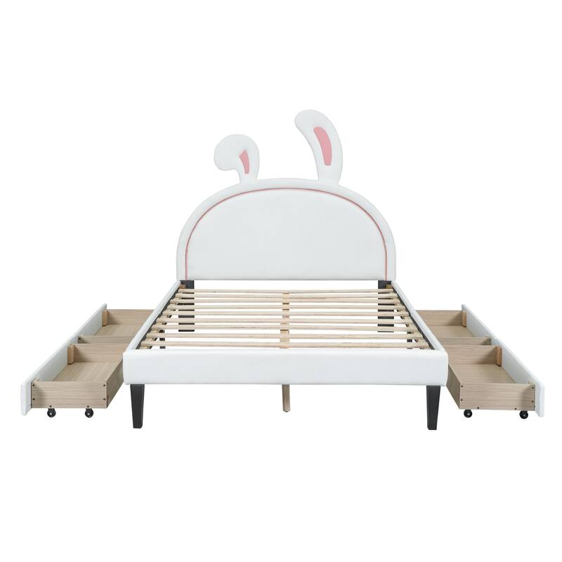 Upholstered Leather Platform Bed, Cute Bed Frame with RabbitShape