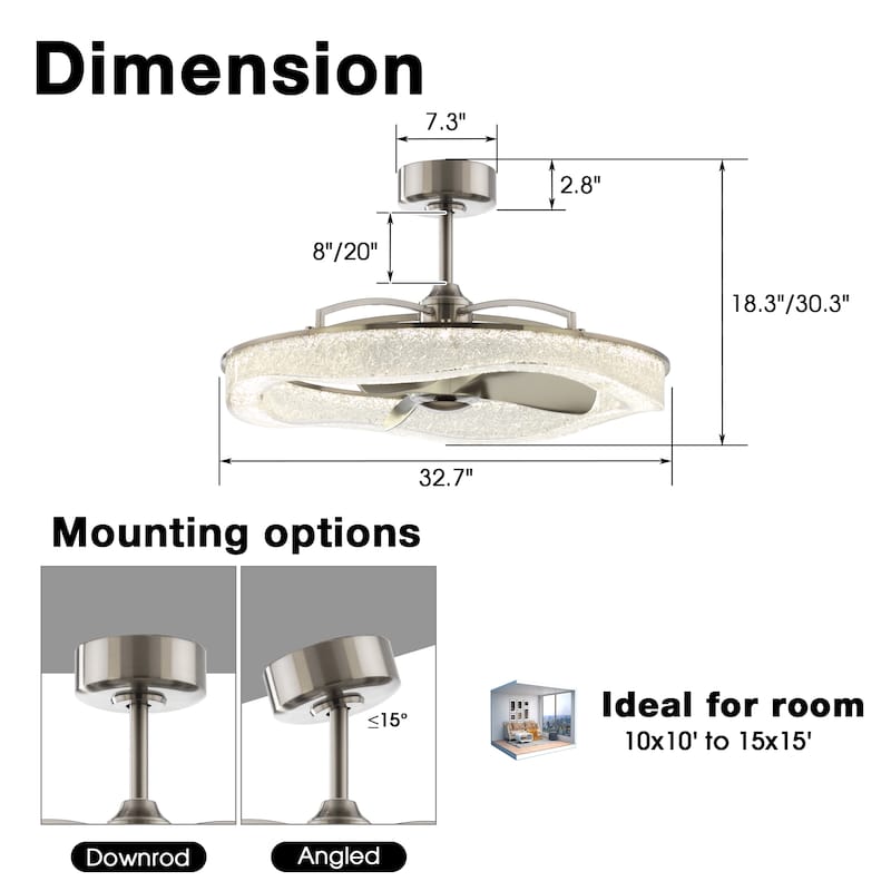 Perimost 33" Modern Brushed Nickel ABS 3-Blade LED Bladeless Ceiling Fan with Remote