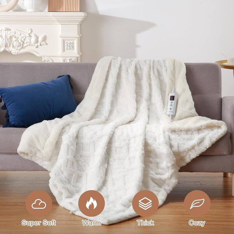 Tufted Sherpa Electric Blanket with 6 Heating Levels for Living Room, Bedroom, White