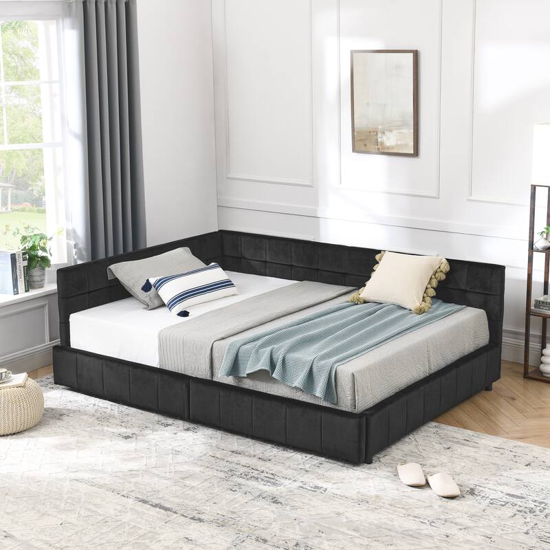 Full Size Upholstered Tufted Bed Frame with Backrest, Armrests, and Storage Drawers, Velvet Black