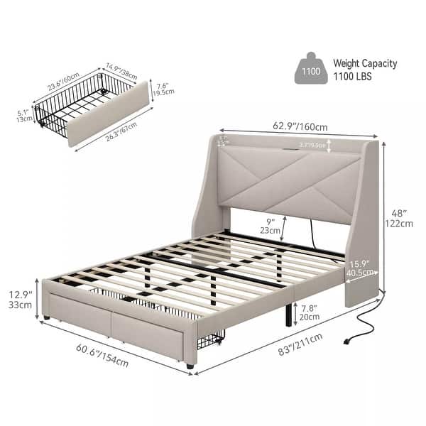 Queen Bed Frame Upholstered Headboard Storage Shelf 2 Drawers USB Port ...