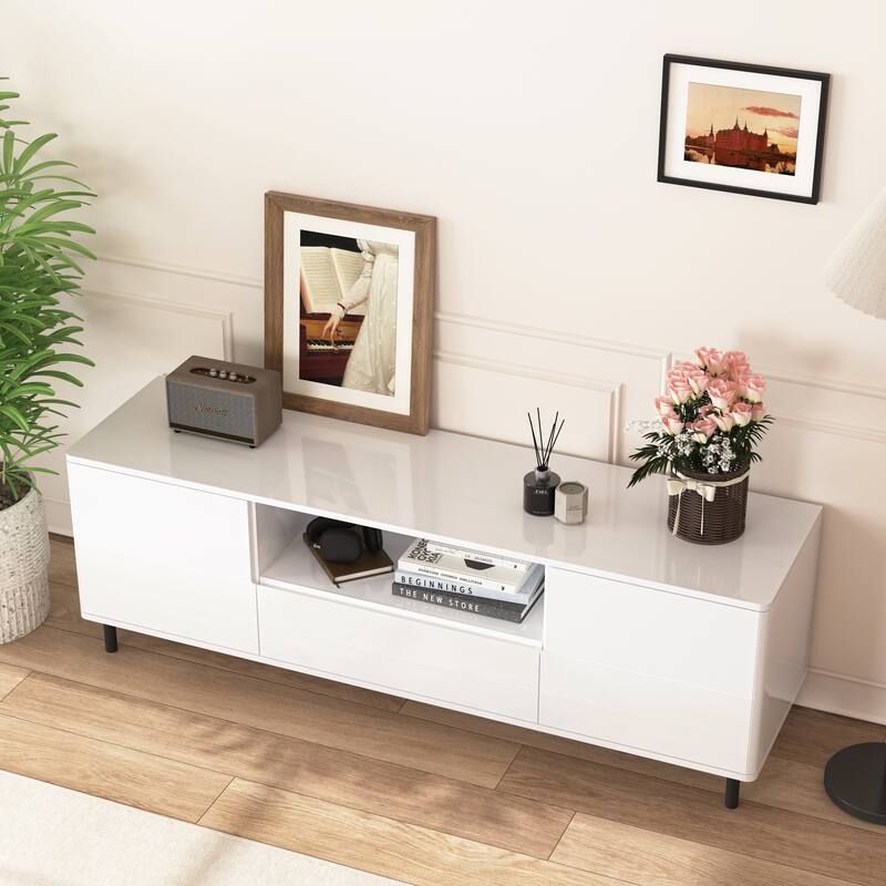 High Gloss Panel Modern TV Console, TV Stand, Entertainment Center with Storage Shelves - White