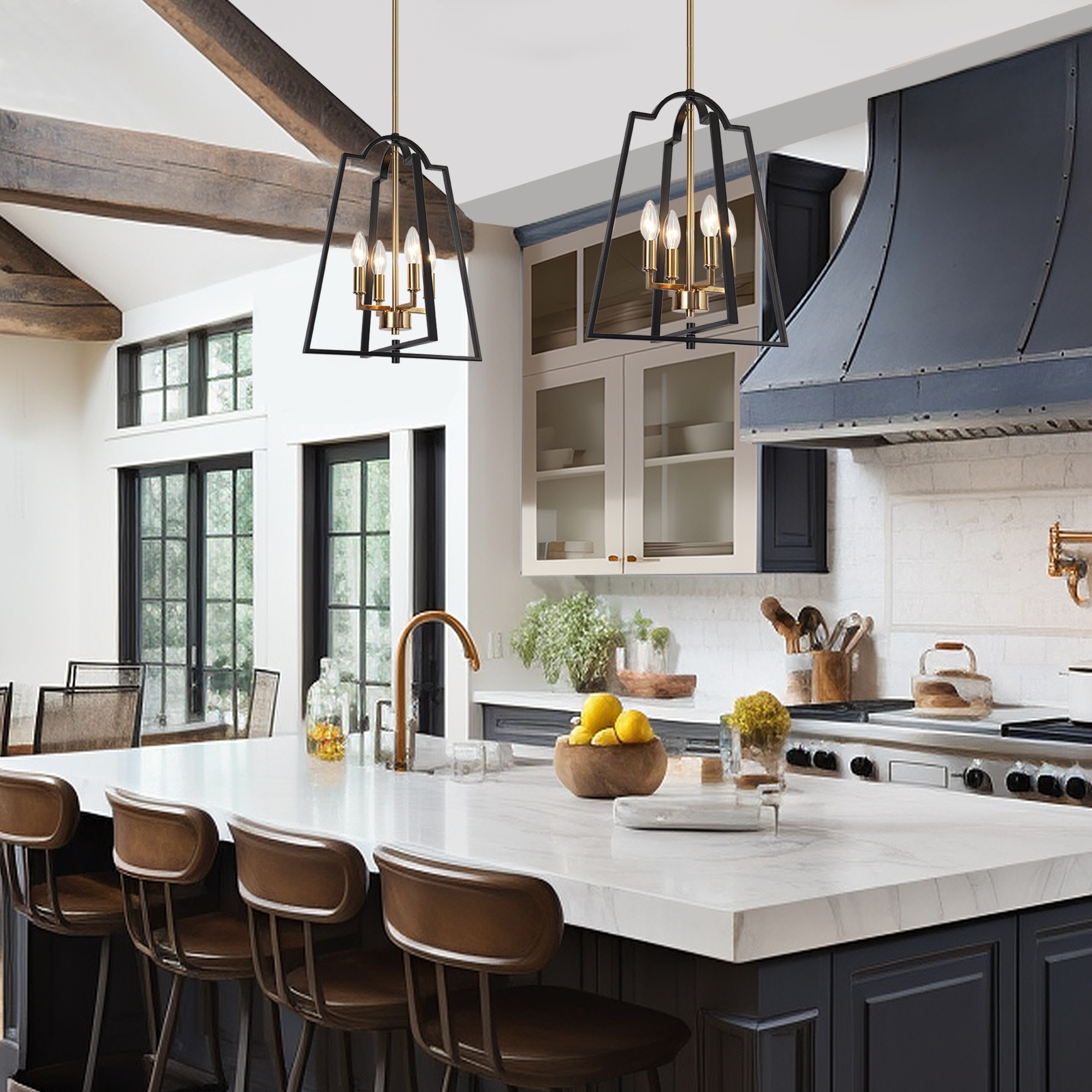 Modern Farmhouse Black Gold 4 Light Lantern Geometric Chandelier Candle Kitchen Island Pendant Light 14 W x 17.5 H