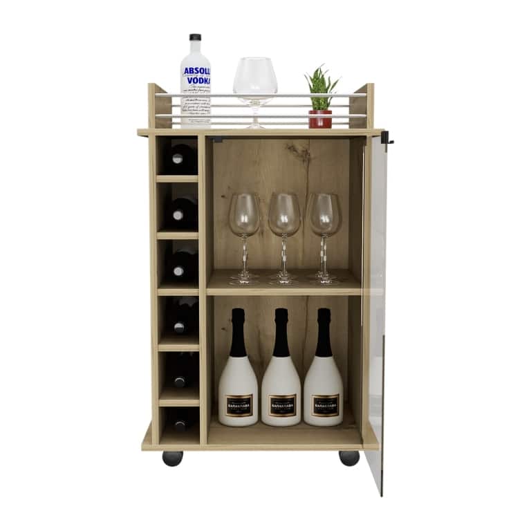 Sleek Bar Cart with Glass Door, Six Wine Cubbies, Locking Casters, Top Shelf - Carbon Espresso