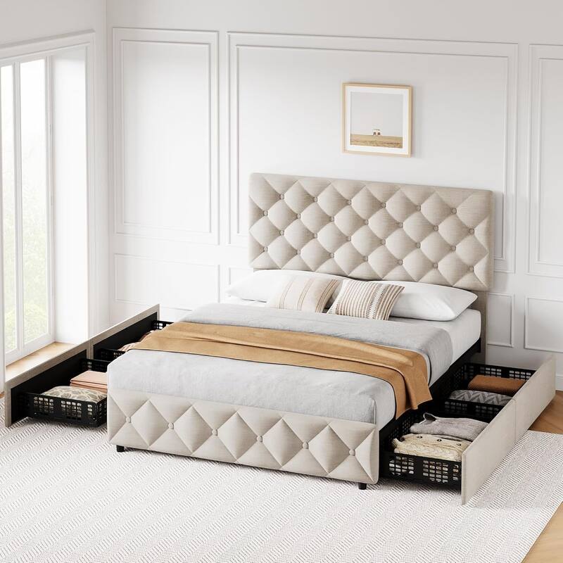Garvee Bed Frame with 4 Storage Drawers and Headboard, Linen Upholstered Platform Bed Frame - Off White - Full