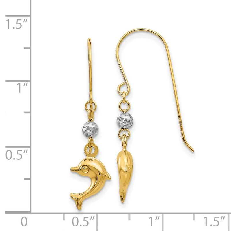 Curata 14k Two Tone Gold 33x8mm Puffed Dolphin Shepard Hook Earrings