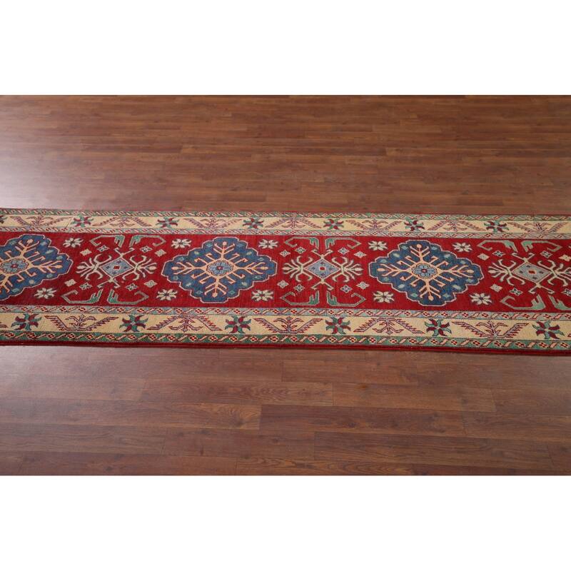 Geometric Red Kazak Oriental Runner Rug Handmade Wool Carpet - 2'6" x 16'0"