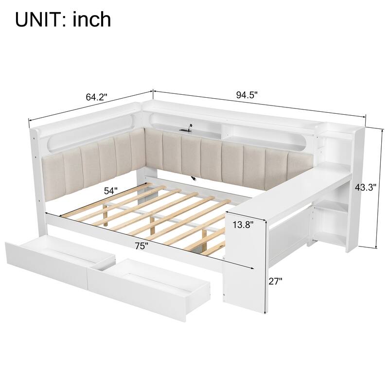 Full Daybed with Storage Shelves Built-in Charging Station LED Light, L-shape Upholstered Sofa Bed with 2 Drawers, Cabinet, Desk