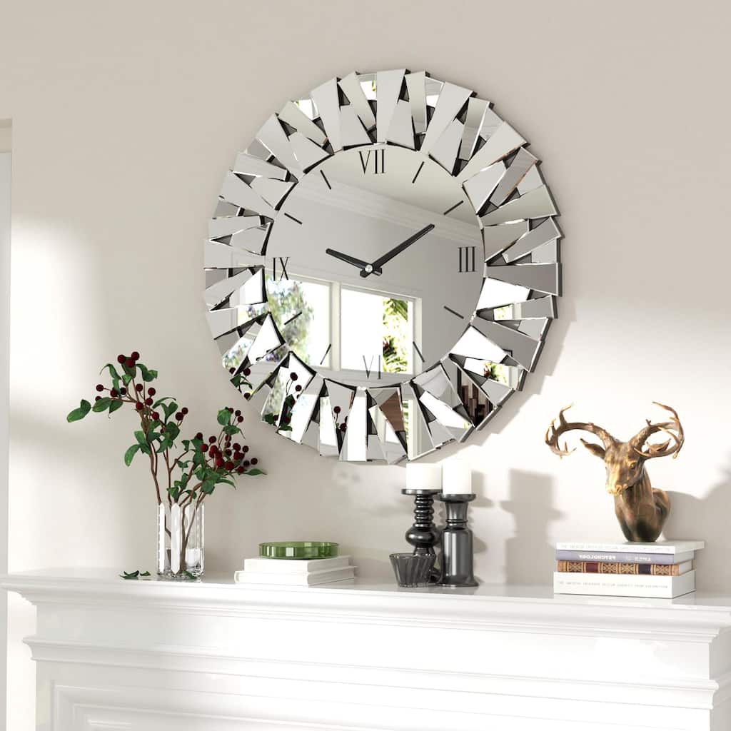 Round Beveled Edge Mirrored Wall Clock Decor with Roman Numerals Glass Clock