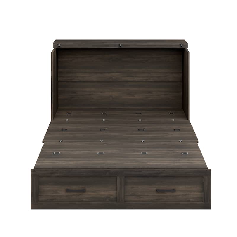 Full/Queen Size Pull Out Murphy Bed Frame, Wood Foldable Platform Cabinet Bed with Charging Station and Large Storage Drawers
