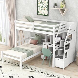 Twin Size Multifunctional Bunk Loft Bed with a Stand-Alone Bed, Storage Staircase, Desk, Shelves and Drawers, White