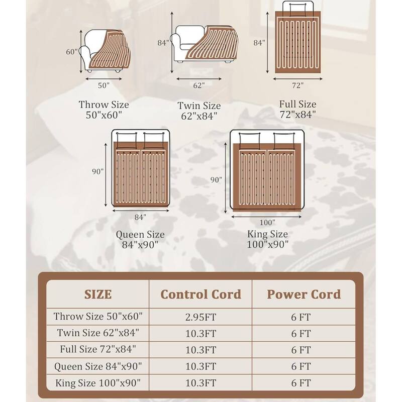Cow Print 10 Heat Levels Electric Heating Blanket, Machine Washable, Brown+White