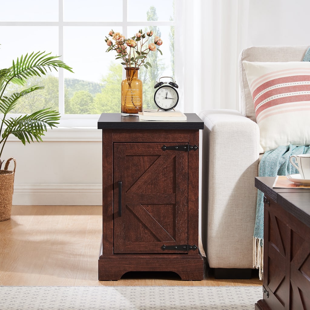 Farmhouse Wooden Nightstand, Rectangular Accent Side Table, Sofa Side Table with Barn Door & Adjustable Storage Shelf
