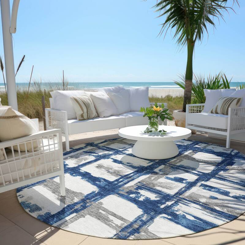 Machine Washable Indoor/ Outdoor Chantille Contemporary Abstract Rug - Navy - 8' x 8'