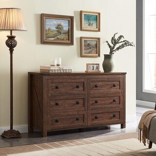 Farmhouse 5-Drawer Dresser, 45" Tall - Rustic Brown, Solid Wood Legs,  Mid-Century Style For Bedroom Or Living Room