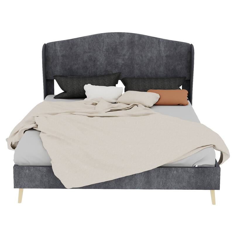 Luxurious Queen Size Velvet Upholstered Platform Bed, With Tufted Headboard