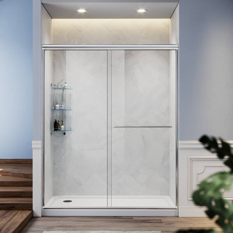 Elegant Double Sliding Shower Door 58.5-60 x 72" Width Cutting Guide Rail Adjustment Reversible installation