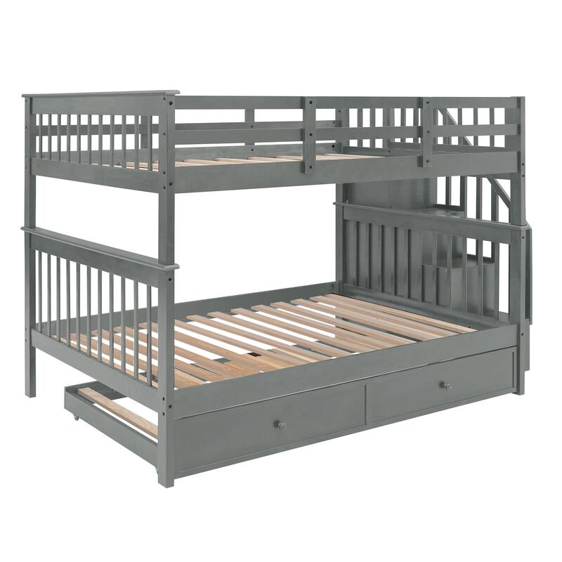 Gray Full-Over-Full Bunk Bed with Twin Trundle, Stairway Storage, Guardrails for Safety, Solid Pine Wood Construction