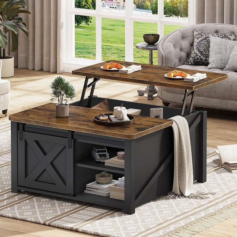 Coffee Table Lift Top Square Center Table Barn Door Adjustable Shelves