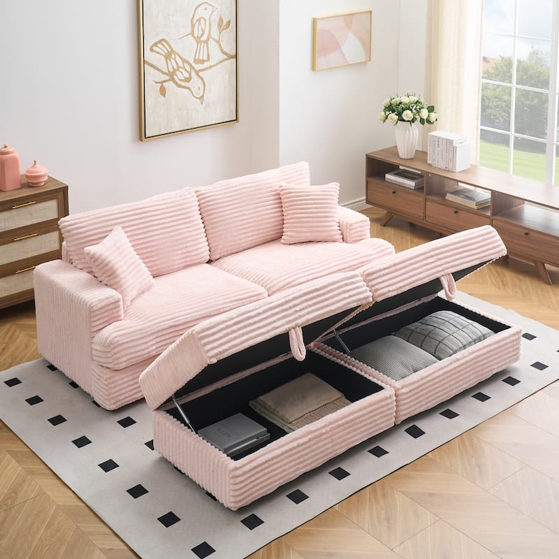 Corduroy Sleeper Sectional Sofa Loveseat Couch with 2 Storage Ottomans - Pink