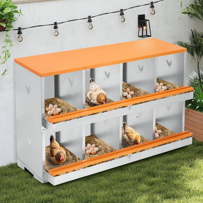 Wall-Mount or Free-Standing Metal Chicken Nesting Box for Hens, Orange - Orange 8 Compartments