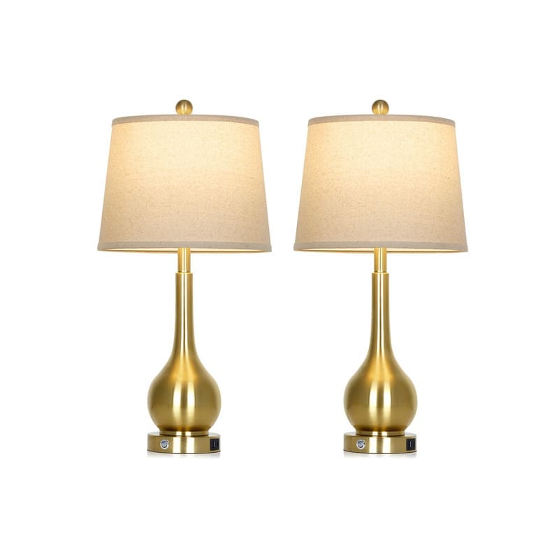 26'' Modern Table Lamps with Dual USB-C Ports & Touch Control - Golden Finish, Oatmeal Fabric Shade (Set of 2) - Gold - 12.5'' x 12.5'' x 26''