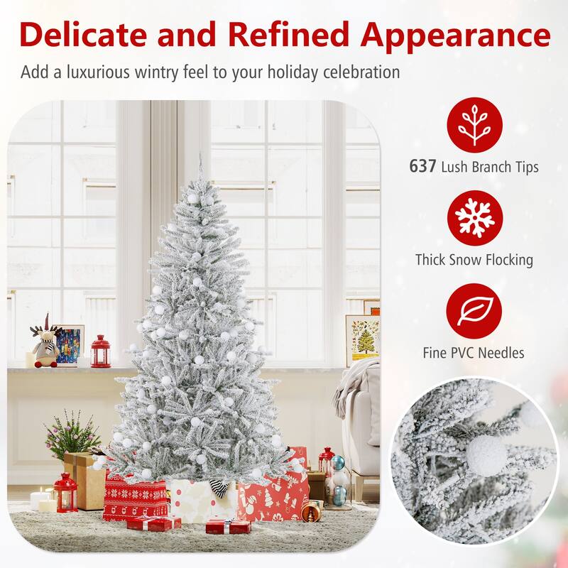 Gymax 6/7/8 FT Snow-flocked Artificial Christmas Tree w/51/65/81 - Green+White