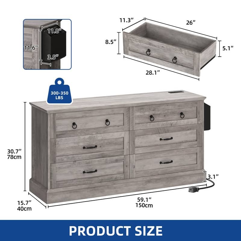 Moasis 59" Farmhouse 6 Drawer Dresser Chest of Drawers Storage Organizer For Bedroom