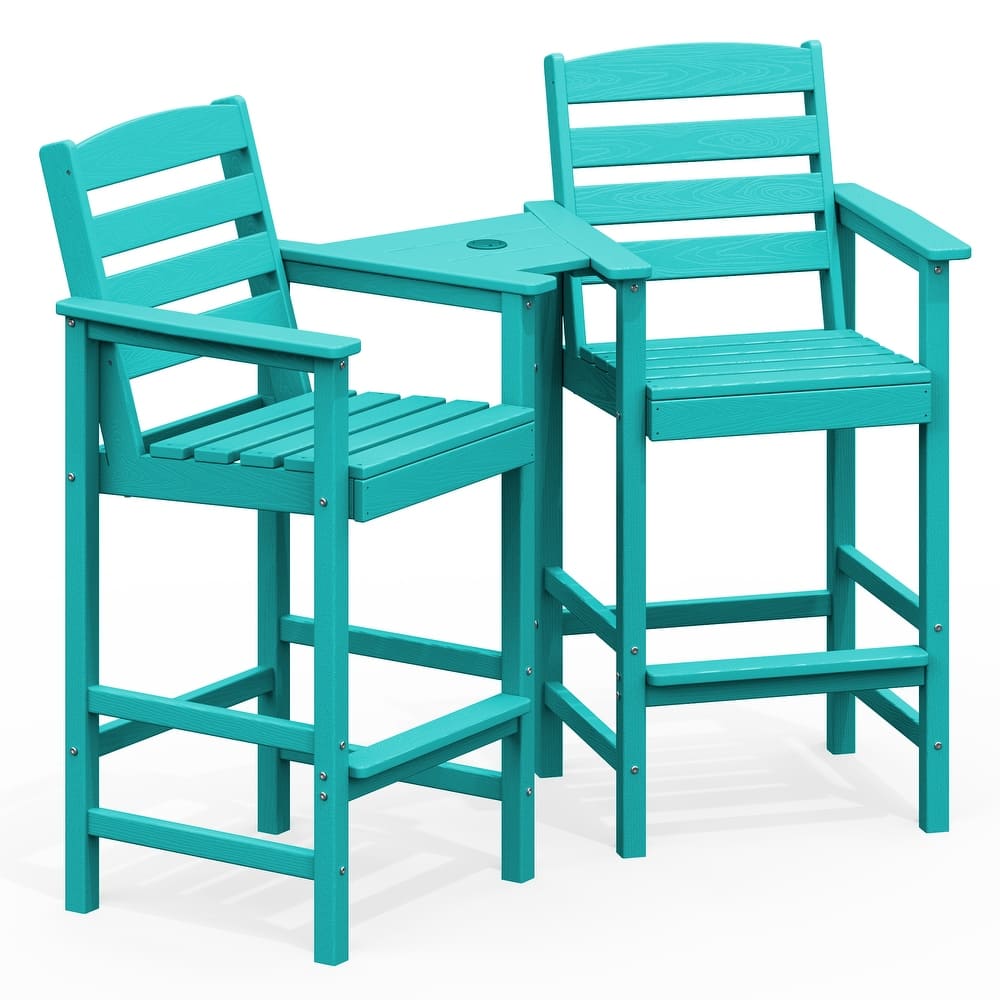 HDPE 2-Piece High Bar Stool Set with Umbrella-Compatible Connecting Panel